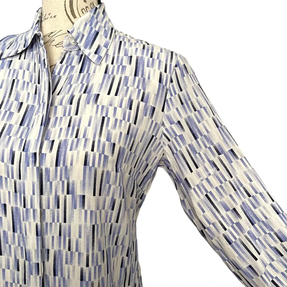 Gianni Blouse Womens 6 Blue Geometric 3/4 Cinched Sleeve 90s Art to‎ Wear USA